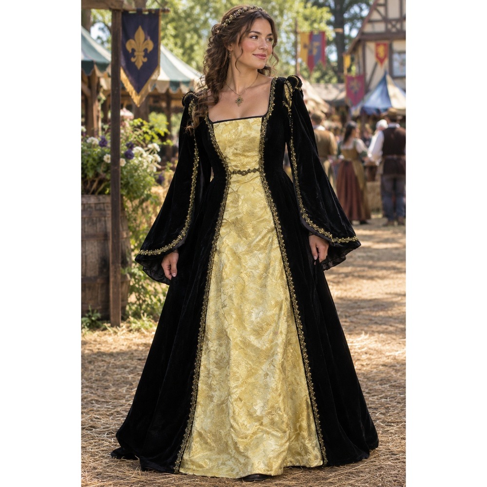 Renaissance Faire Maxi Dress Sz M Black Velvet and Gold Accents Bell Sleeves